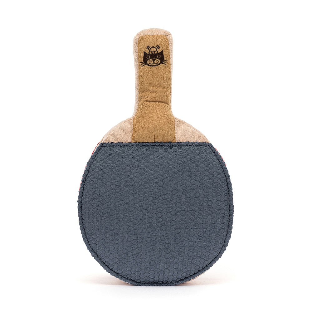 Soft plush table tennis paddle toy with a blue textured surface and tan handle featuring a playful cat face, part of the Amuseable Sports Table Tennis collection.