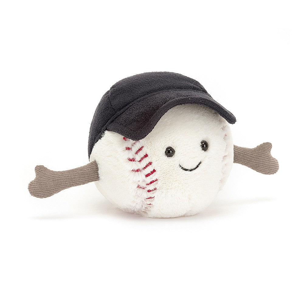 Amuseables Sports Baseball plush toy featuring a smiling baseball character with stitched details, outstretched arms, and a soft black cap, perfect for kids and baseball fans.