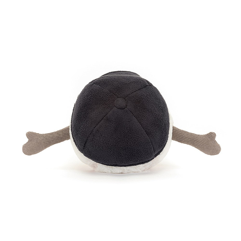 Soft plush toy resembling a baseball with dark top, white bottom, and outstretched brown arms, designed as Amuseables Sports Baseball for kids and collectors.