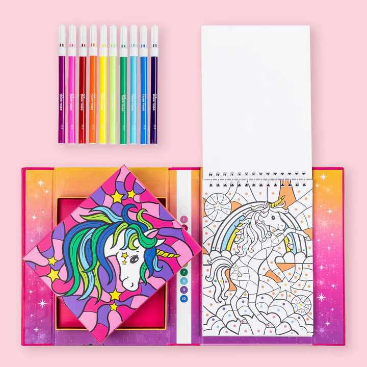 Color By Numbers - Unicorn Dreaming set with colored pencils on a pink background