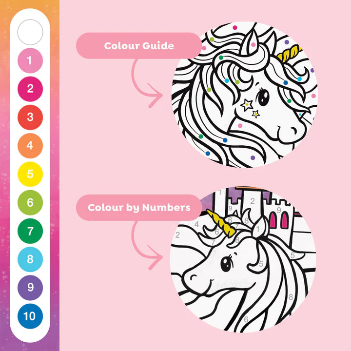 Color By Numbers - Unicorn Dreaming with unicorn illustrations and color guide on a pink background