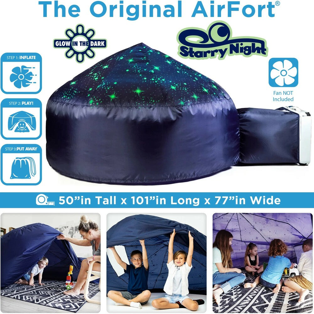 Starry Night inflatable fort with glow-in-the-dark stars, step-by-step instructions, and images of children playing inside.