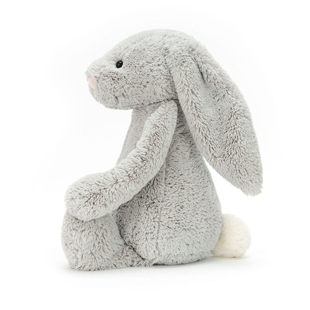 Bashful Silver Bunny Really Big is a soft, cuddly grey plush bunny with long ears and a fluffy white tail, perfect as a comforting toddler toy or a charming gift.