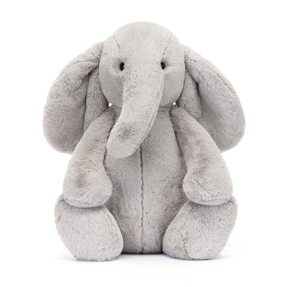 Bashful Luxe Elephant Thuddeus Huge soft gray plush stuffed animal with long ears and trunk, perfect as a cuddly toddler toy or gift from Grandrabbit's Toy Shoppe.