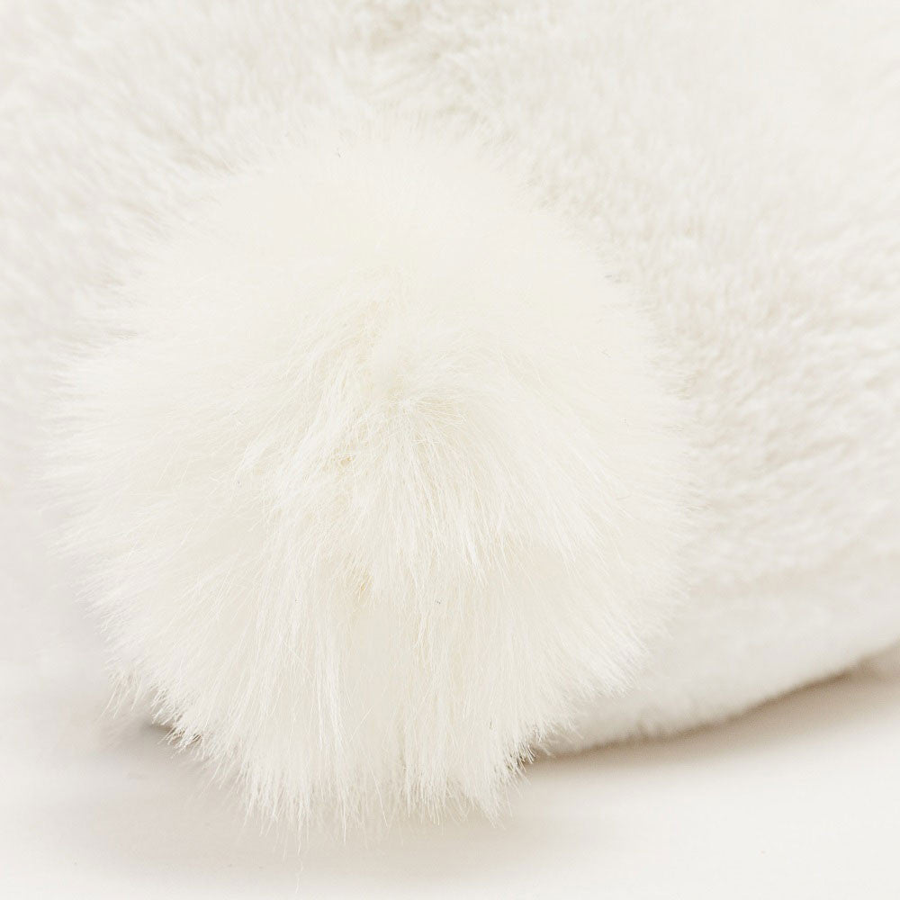 Close-up of the soft, fluffy tail detail on the Bashful Luxe Bunny Luna plush, showcasing its luxurious white fur texture designed for cozy comfort.