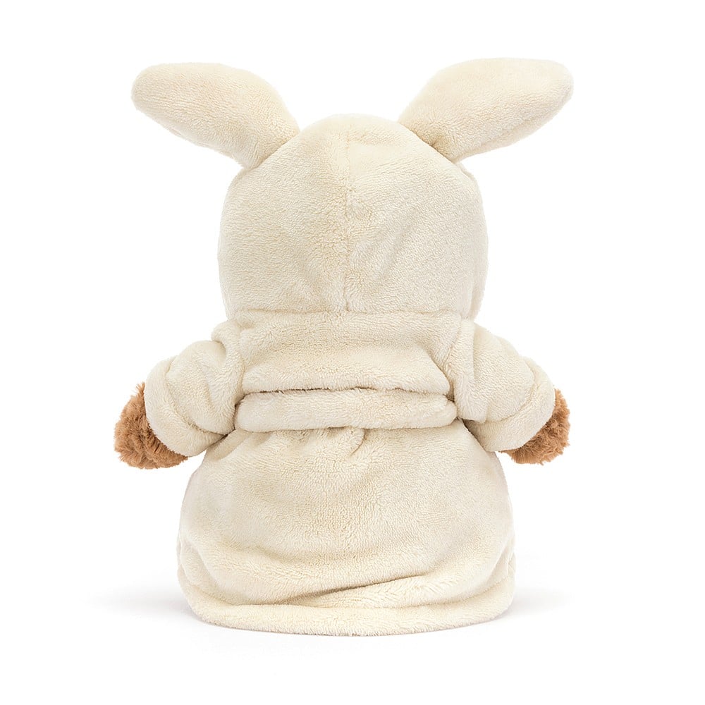Rear view of a plush Bartholomew Bear Bathrobe Outfit on a white background