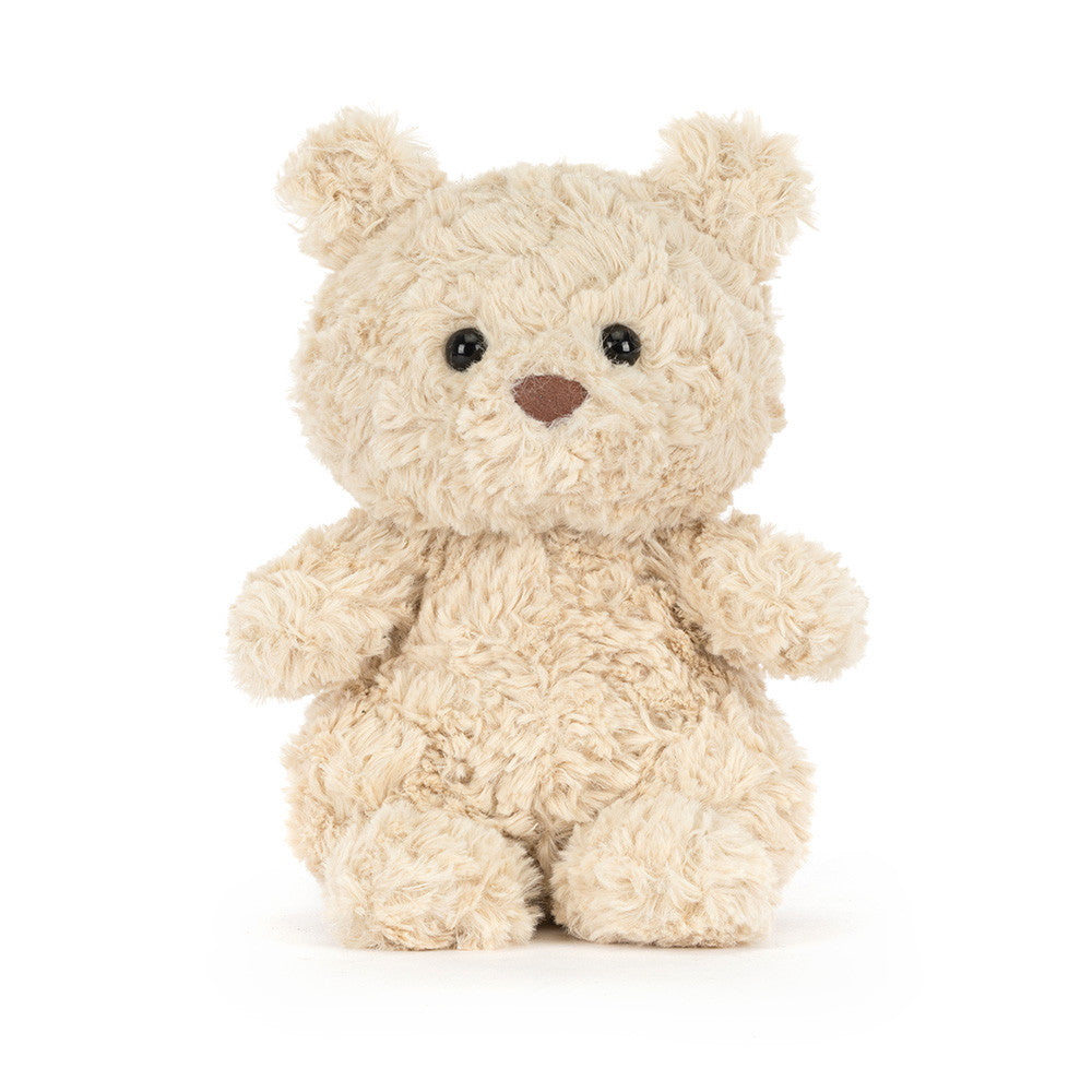 Small beige Bartholomew Bear Junior on a white background