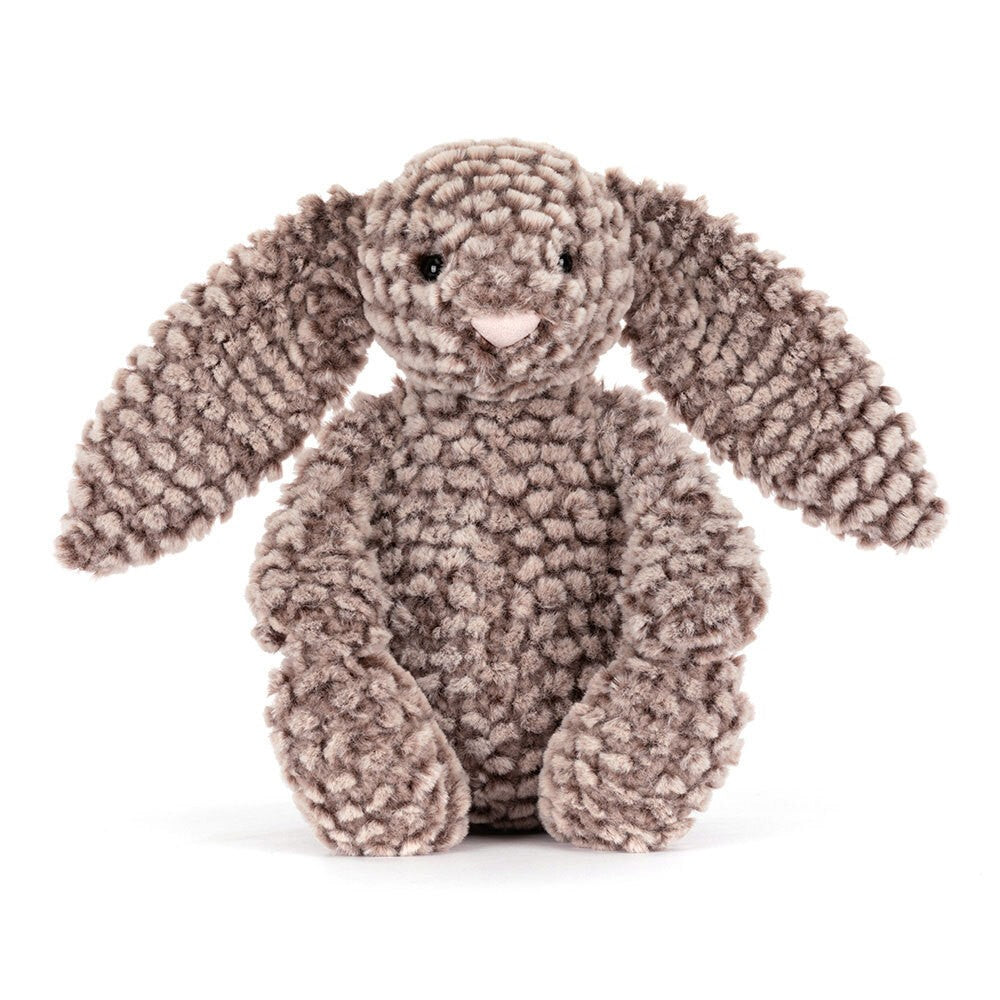 Soft and textured plush bunny toy with long floppy ears and a gentle expression, designed as Bashful Luxe Bunny Pine, perfect for cuddling and toddler play.