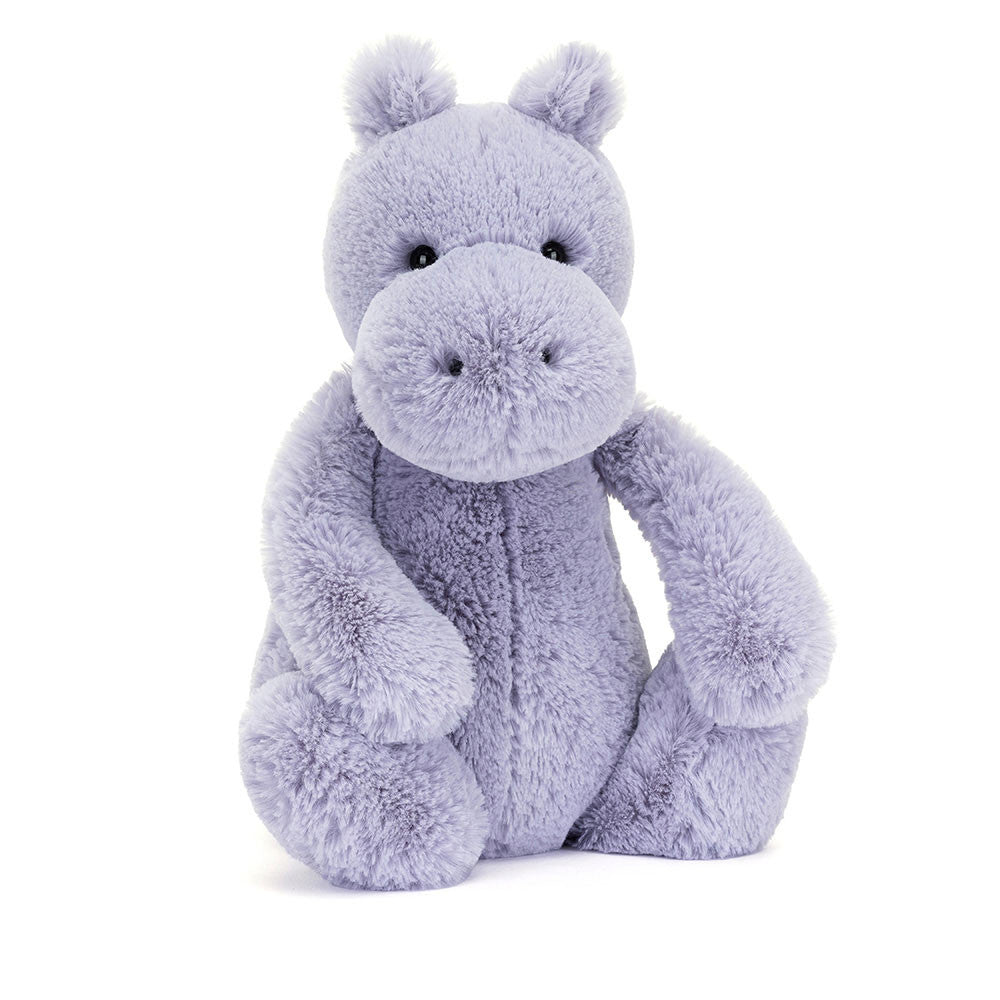 Bashful Hippo is a soft, lavender plush stuffed animal with a friendly expression, perfect as a cuddly toddler toy or children's gift.