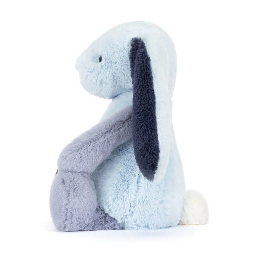 Soft plush stuffed animal of a light blue and gray bunny with long ears and a white fluffy tail, designed as Bashful Puddlesea Bunny Original for cuddly toddler toys.