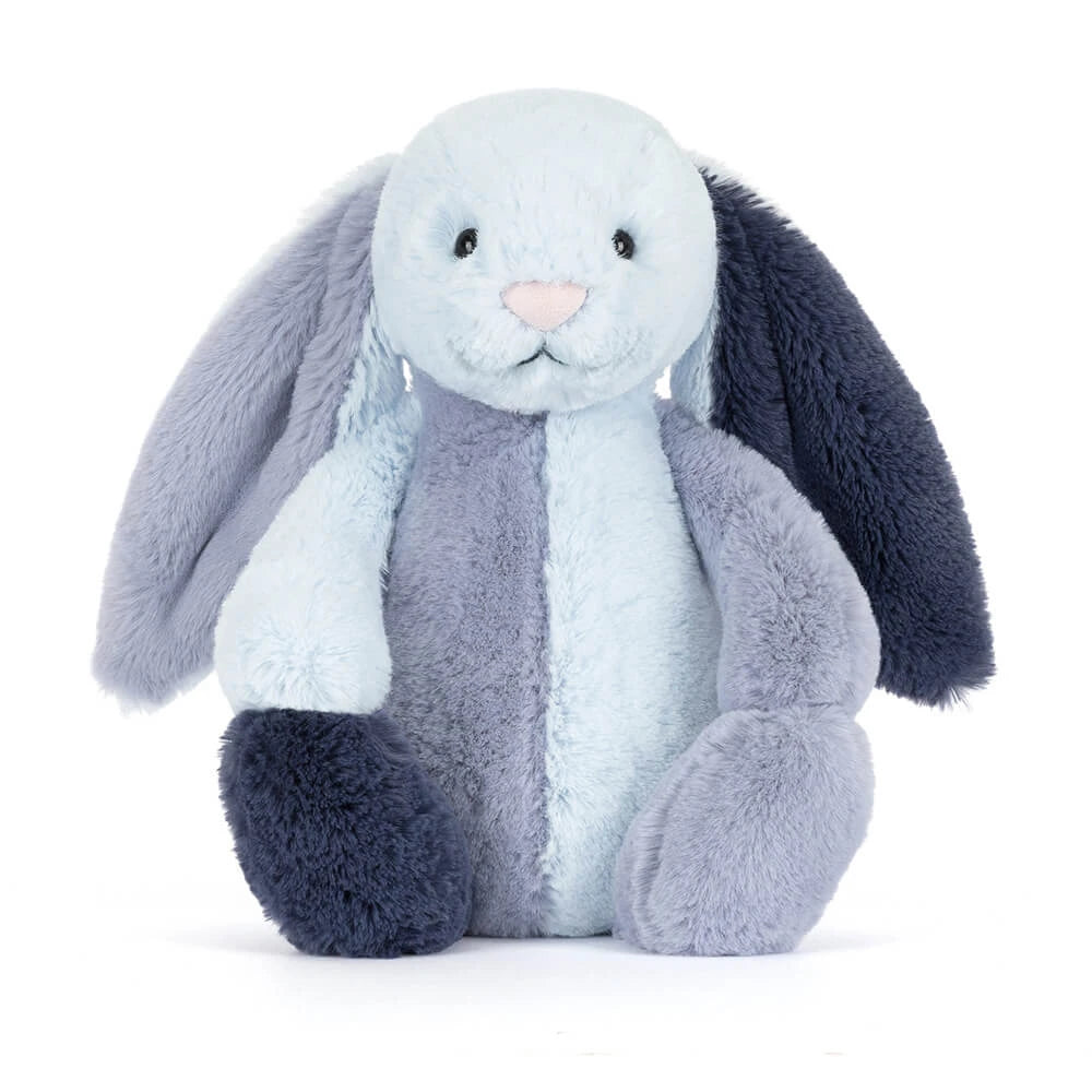 Soft plush Bashful Puddlesea Bunny Original in soothing blue and navy tones, perfect as a cuddly stuffed animal gift for toddlers and children.