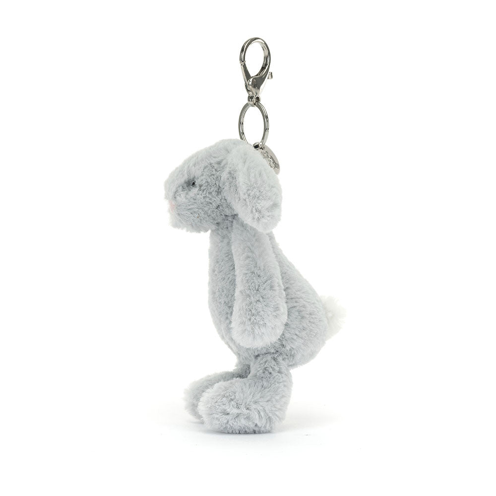 Bashful Silver Bunny Bag Charm featuring a soft, light grey plush bunny with long ears and a metal clip for attaching to bags or accessories.