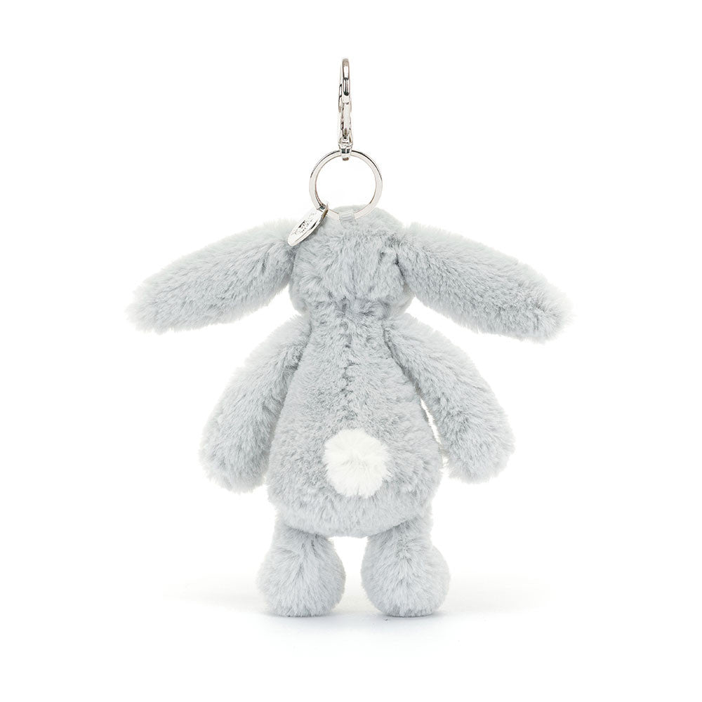 Bashful Silver Bunny Bag Charm fluffy plush keychain in soft silver gray with long ears and a small white tail, perfect for accessorizing bags or backpacks.
