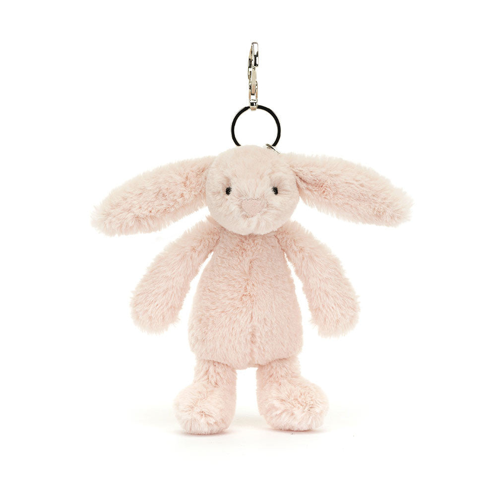 Bashful Blush Bunny Bag Charm soft plush bunny in light pink with long floppy ears, attached to a keyring for easy bag or backpack decoration.
