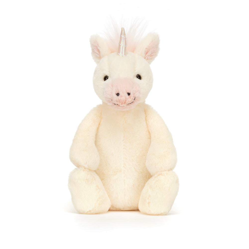 Bashful Unicorn Small plush toy in soft cream with a shiny silver horn and pink accents, perfect as a cuddly stuffed animal for young children.