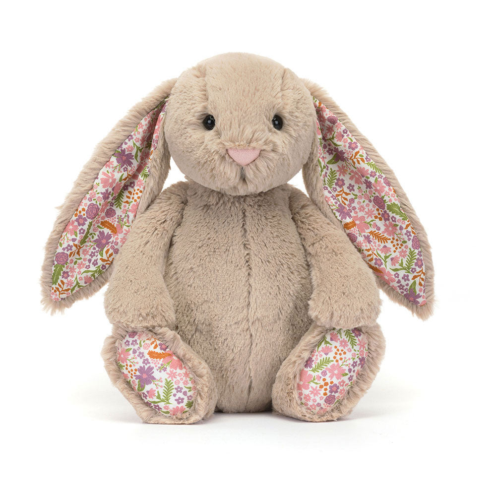 Plush Blossom Beige Bunny 'Petal' toy with floral ears and paws on a white background