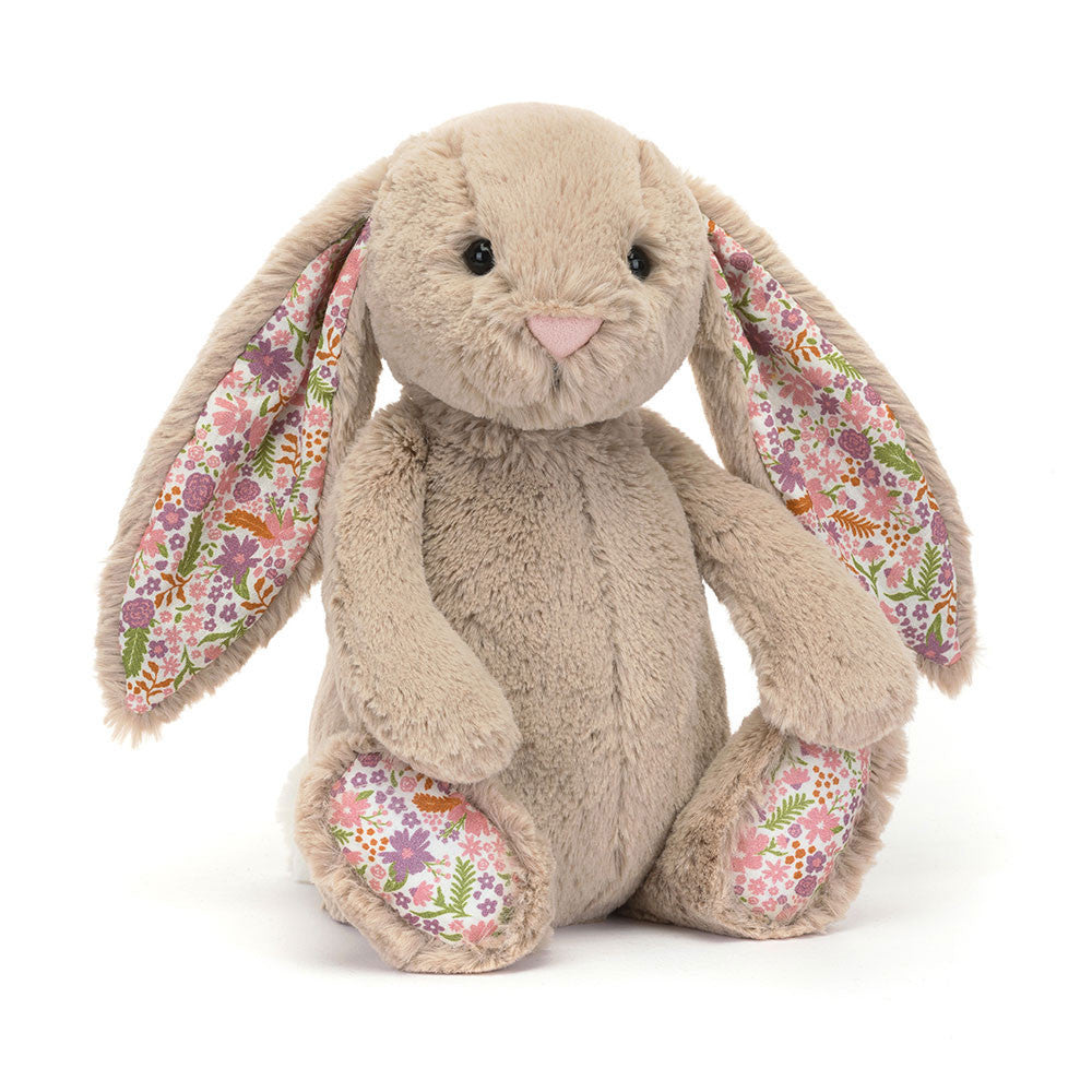Plush Blossom Beige Bunny 'Petal' toy with floral ears and feet on a white background