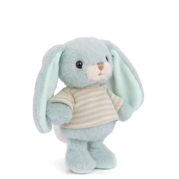 Plush Bouncy Bunny - Blue wearing a striped shirt on a white background