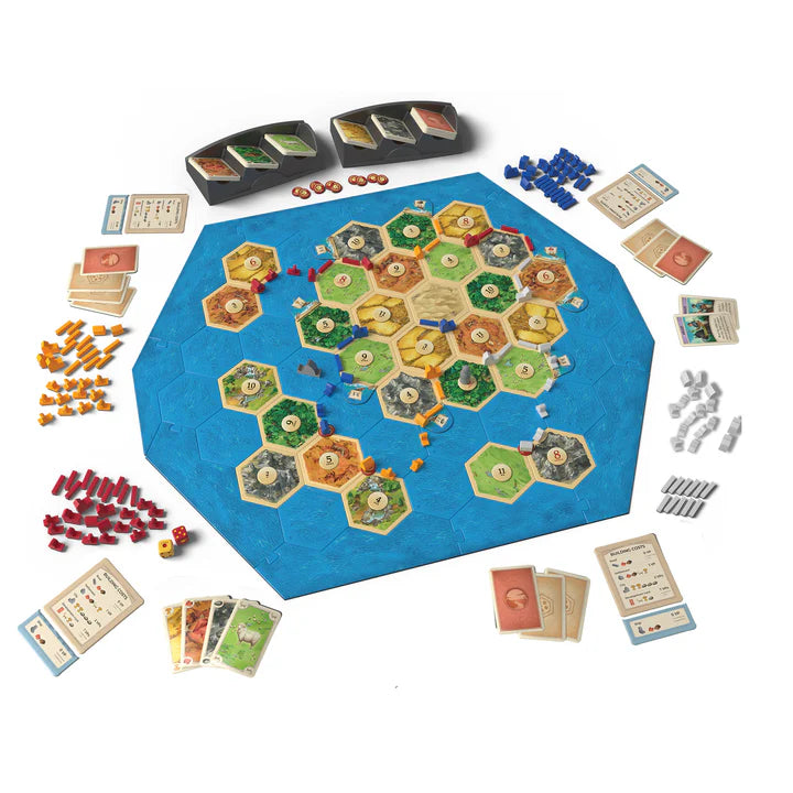 Catan: Seafarers Expansion 6th Edition board game with colorful hexagonal tiles and various game pieces on a white background