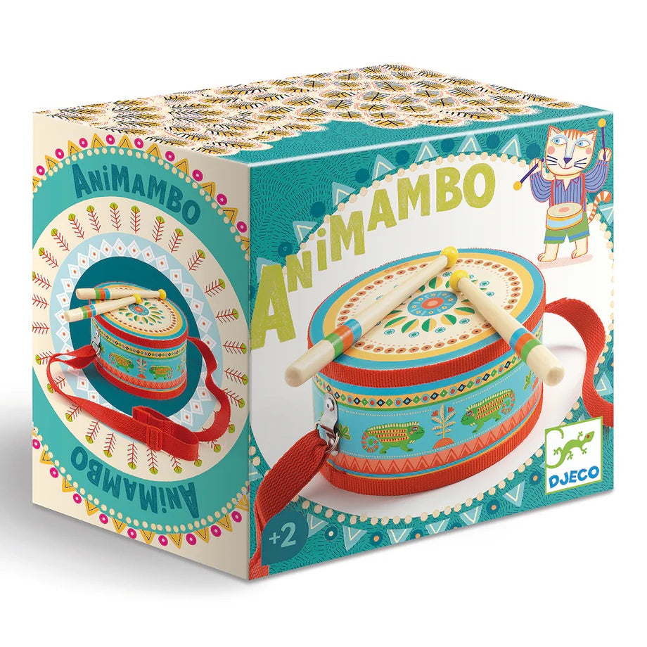 Colorful packaging of Animambo toy with drum illustration on a white background