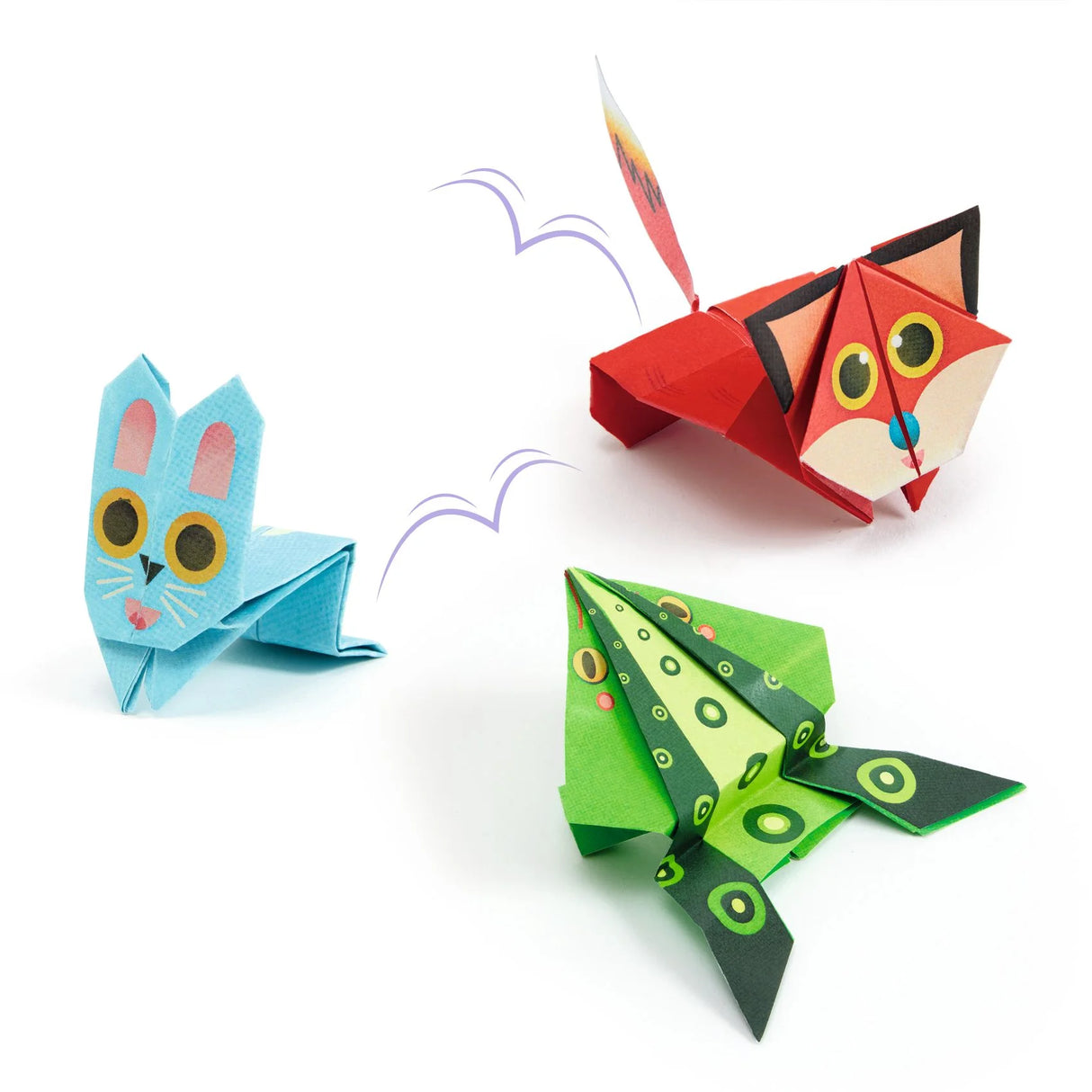 Jumping Animals Origami Paper Craft Kit Three colorful paper animals (cat, rabbit, frog) on a white background
