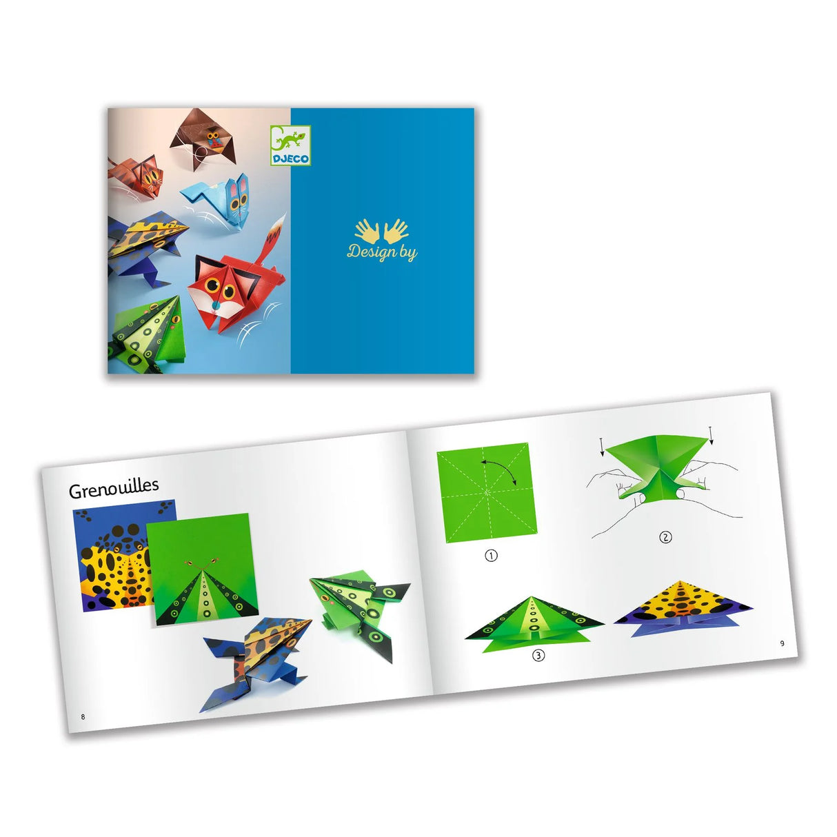Jumping Animals Origami Paper Craft Kit with instructions and examples of paper animals, featuring the Djeco brand.