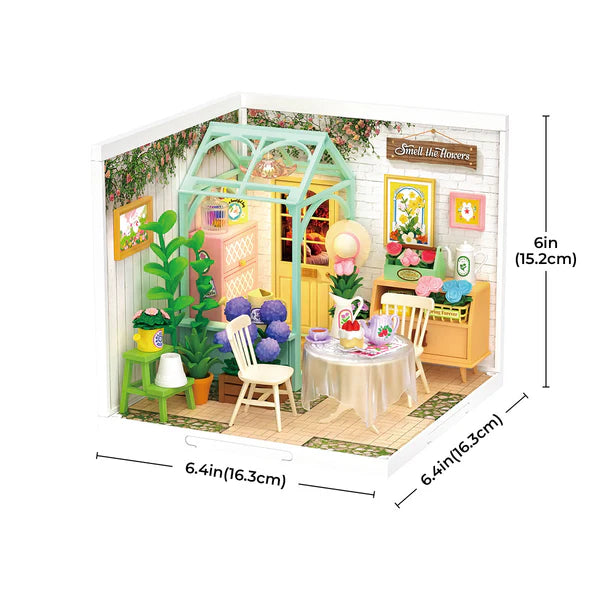 Blooming Tea Garden DIY Miniature House with interior decorations and dimensions displayed