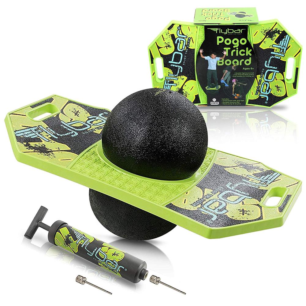 Green Mean Pogo Trick Board with black ball and pump, Flybar packaging in the background