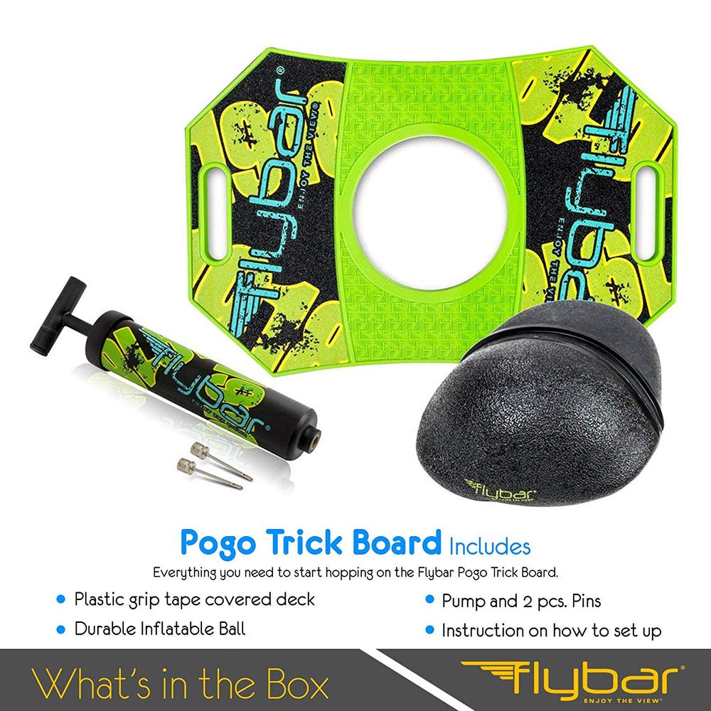 Flybar pogo trick board with pump and ball on a white background