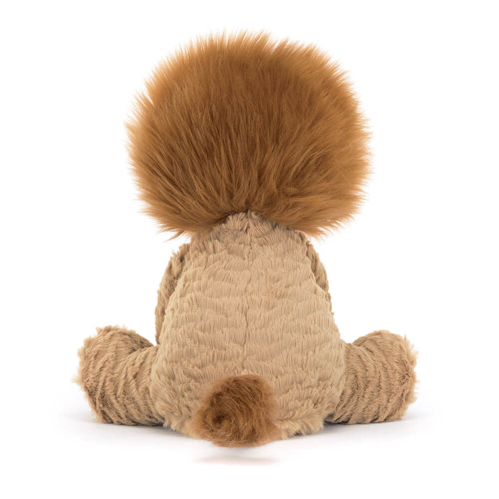 Back view of a plush Fuddlewuddle Lion Medium toy with brown mane on a white background