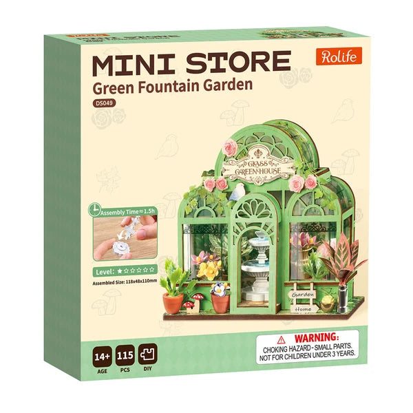 Rolife Mini Store Green Fountain Garden packaging with green and beige design
