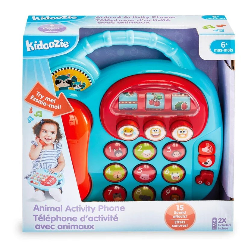 KidOozie - Animal Activity Phone with colorful buttons and a child on the packaging, branded as Kidoozie.