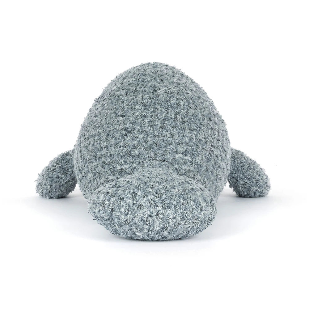 Soft and cuddly gray plush Maffles Manatee toy with a textured, fuzzy surface, designed as a friendly stuffed animal perfect for children and gift giving.