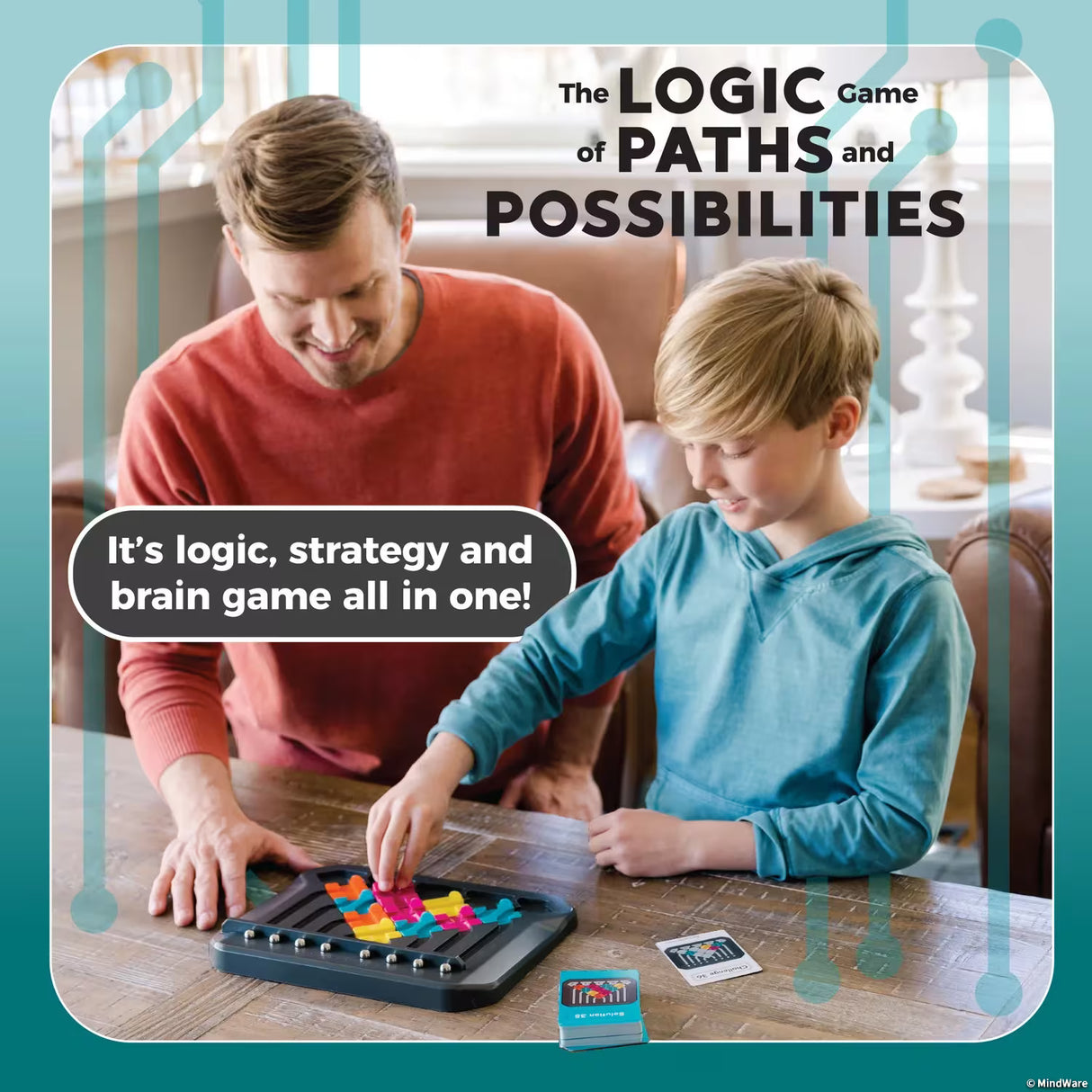 Man and child playing a logic game Marble Circuit together with text about the game's features.