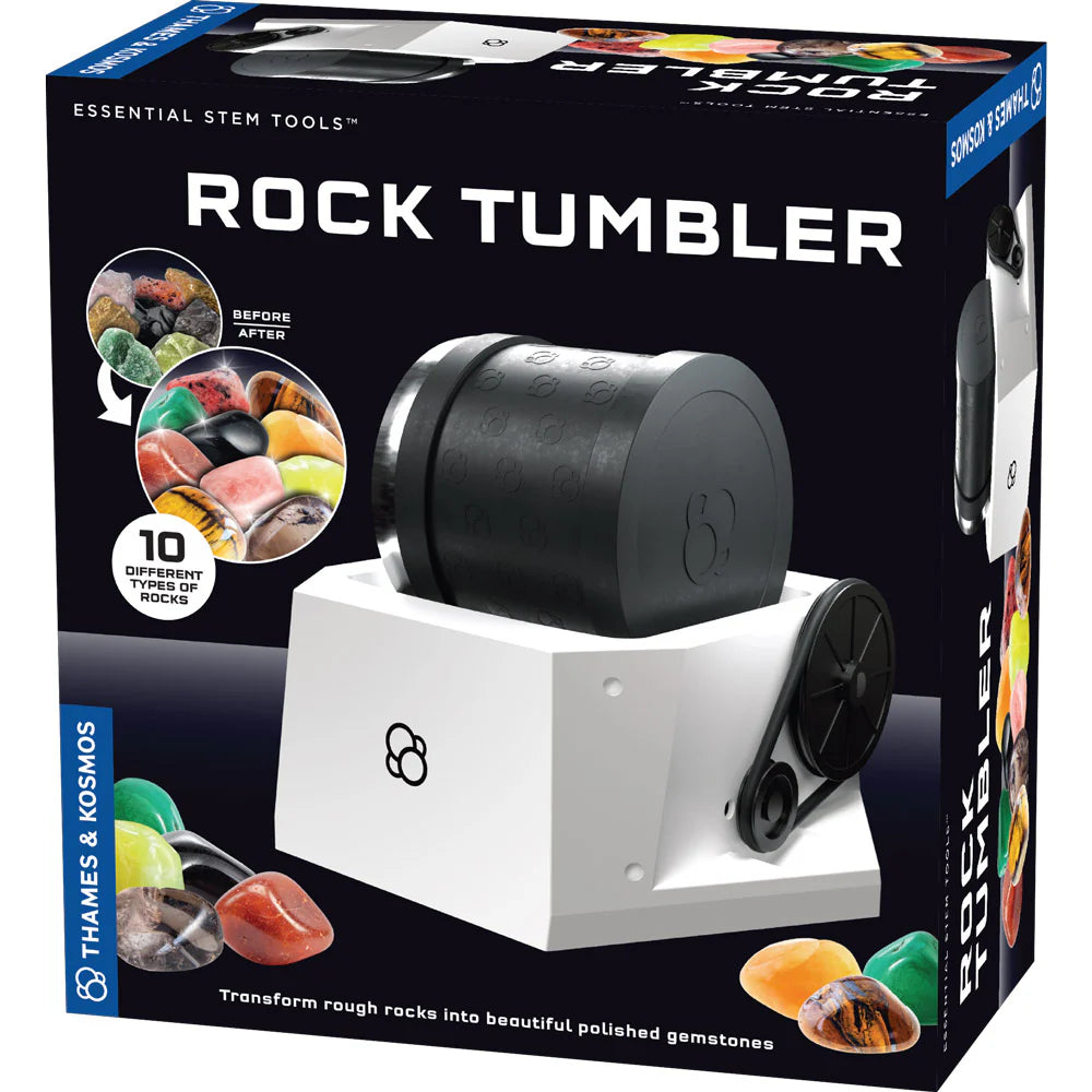 Boxed The Thames & Kosmos Rock Tumbler with images of polished stones on a black background