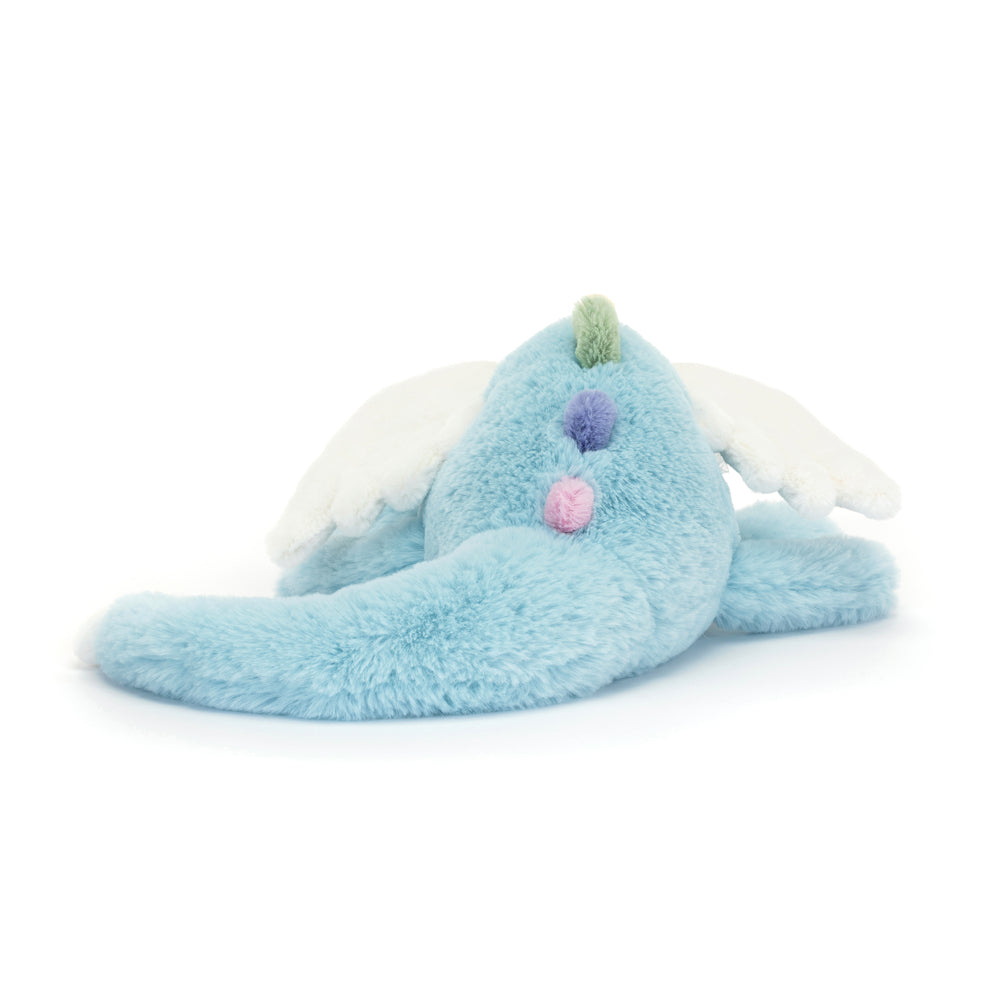 Soft blue plush Sky Dragon Large toy with white wings and colorful felt spikes, perfect as a cuddly stuffed animal for children.