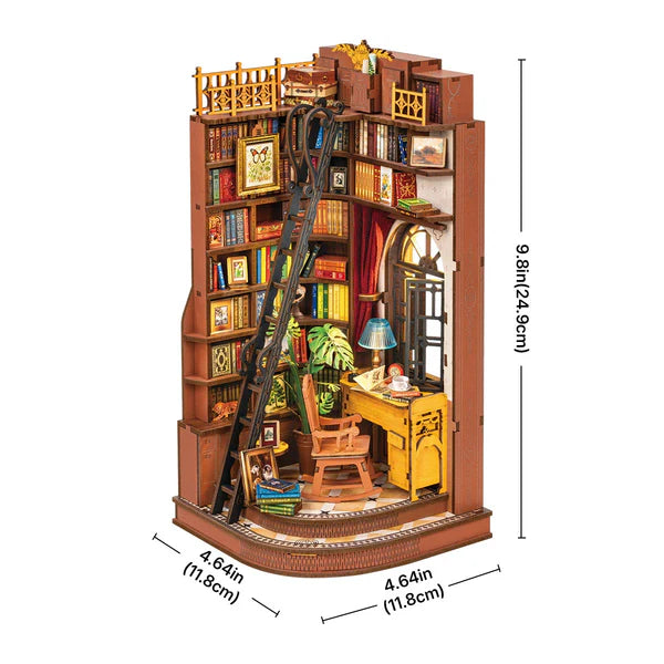 Miniature Silent Corner Study with desk and ladder, detailed with books and decor, shown with dimensions on a white background.