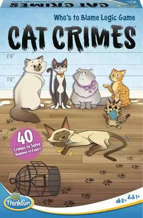 Box of 'Cat Crimes' logic game by ThinkFun with cartoon cats on a wooden floor.