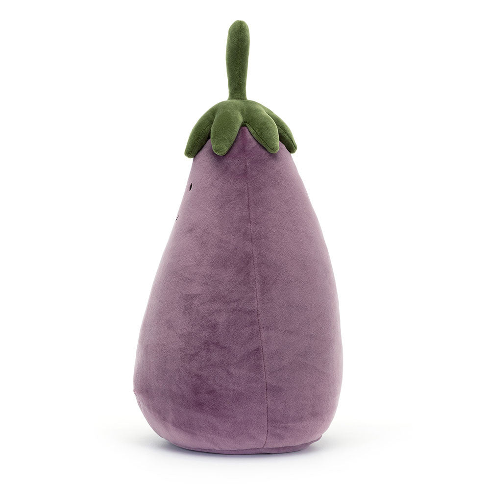Soft plush toy in the shape of a large purple eggplant with green stem and leaf details, named Amuseables Eggplant Large, perfect as a kids' stuffed animal or gift.