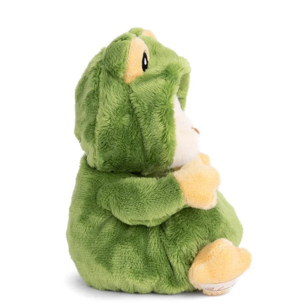 Plush toy bear wearing a green frog costume on a white background
