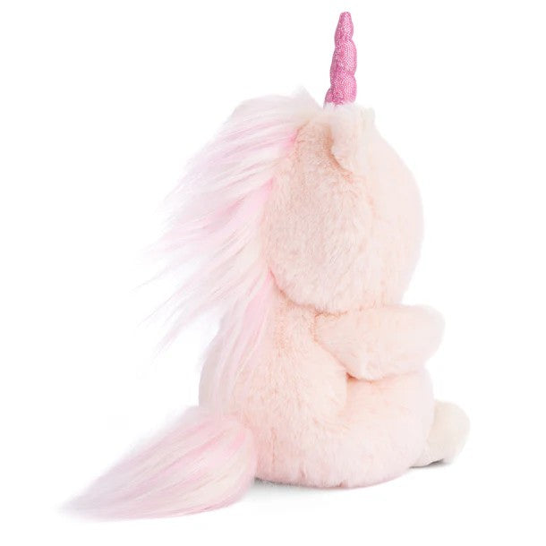Plush toy bear wearing a pink unicorn costume with a white background