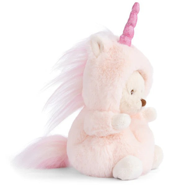 Plush toy bear wearing a pink unicorn costume with a white background