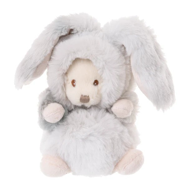 Plush toy bear dressed as a rabbit with gray fur on a white background