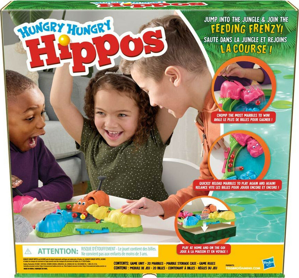 Box of Hungry Hungry Hippos game with children playing and colorful design