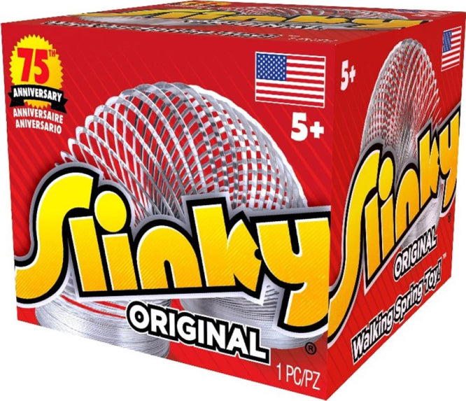 Slinkys Original packaging with red background and yellow text