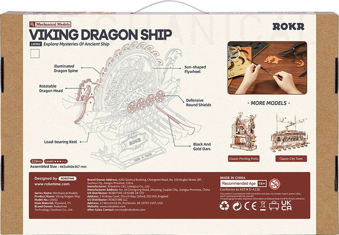 Box for a Viking Dragon Ship model kit by ROKR with illustrations and text.