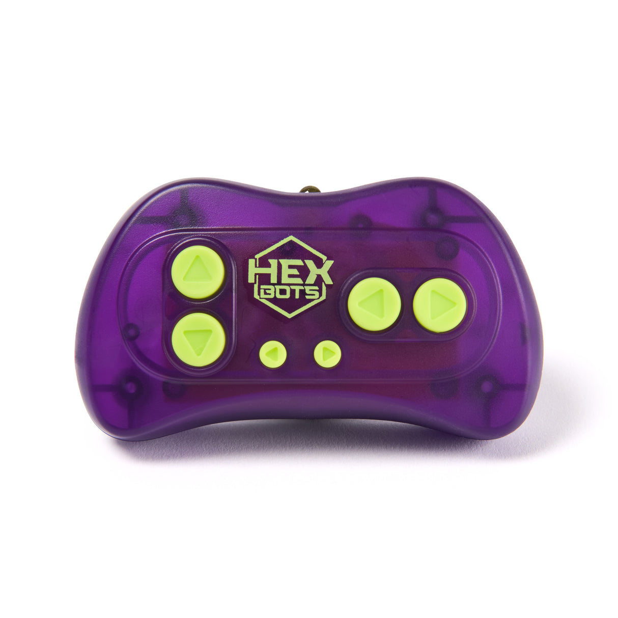 Hex Bots Glowing Wall Crawler Gecko , Purple remote control with green buttons featuring 'Hex Bugs' logo on a white background