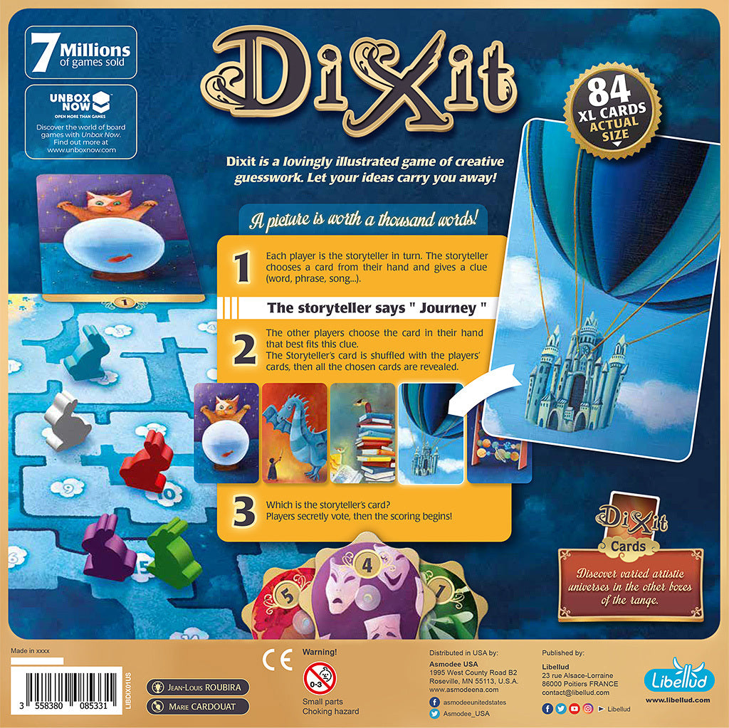 Dixit board game packaging with illustrations and text on a blue background