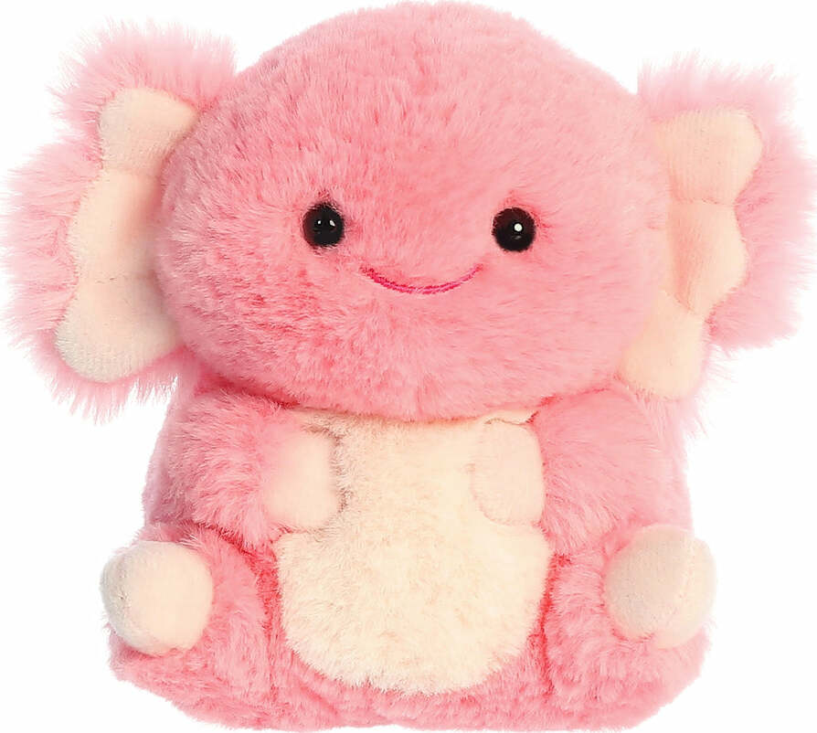 Pink plush toy with a smiling face on a white background