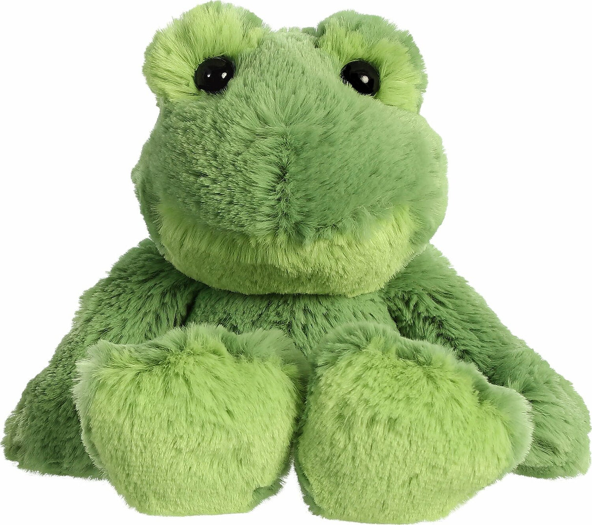 Green plush frog toy on a white background